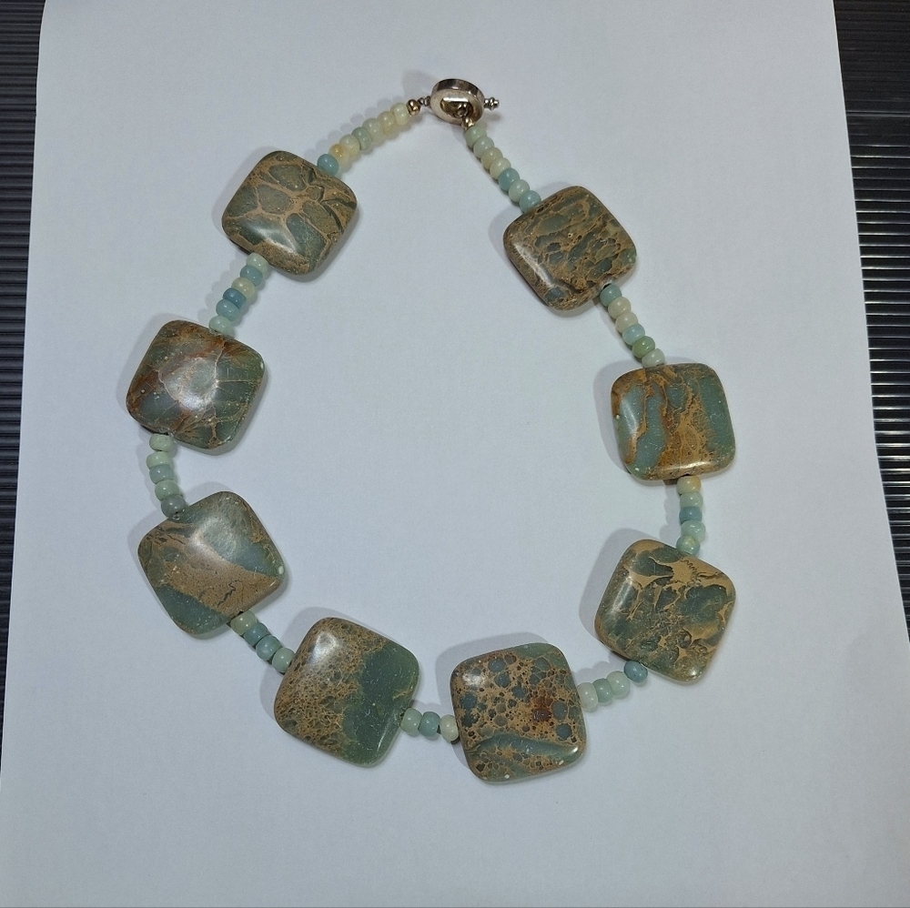 Teal Beaded Square Stone Marble Style Statement Costume Jewelry Necklace - Picture 6 of 11